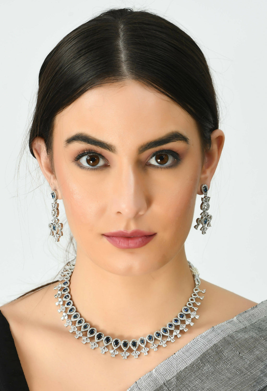 Mominos Fashion Johar Kamal Silver-Plated American Diamond Silver Blue Choker Set | Grocsy