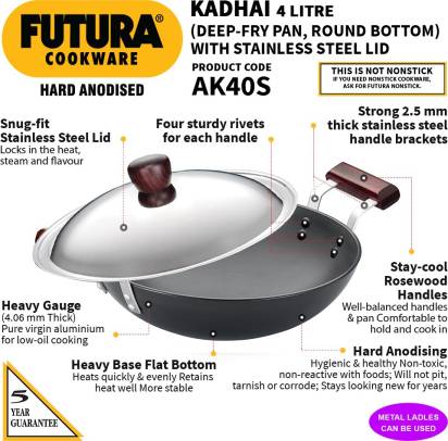 Hawkins Futura Hard Anodised Kadhai 30 cm Diameter with Lid 4 L (AK40S) | Grocsy