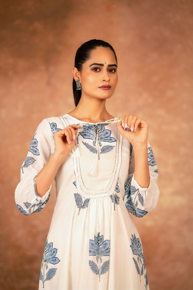 Joban Fashion Blue Floral Hand Block Printed Cotton Kurta Pant Set | Grocsy