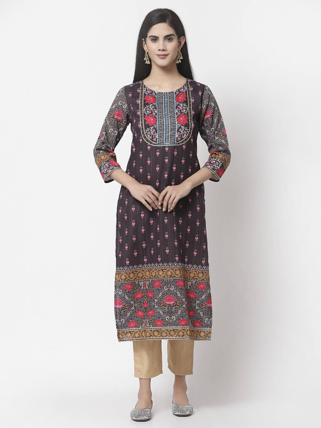 Myshka Women Multicolor Cotton Blend Printed 3/4 Sleeve Round Neck Kurta | Grocsy