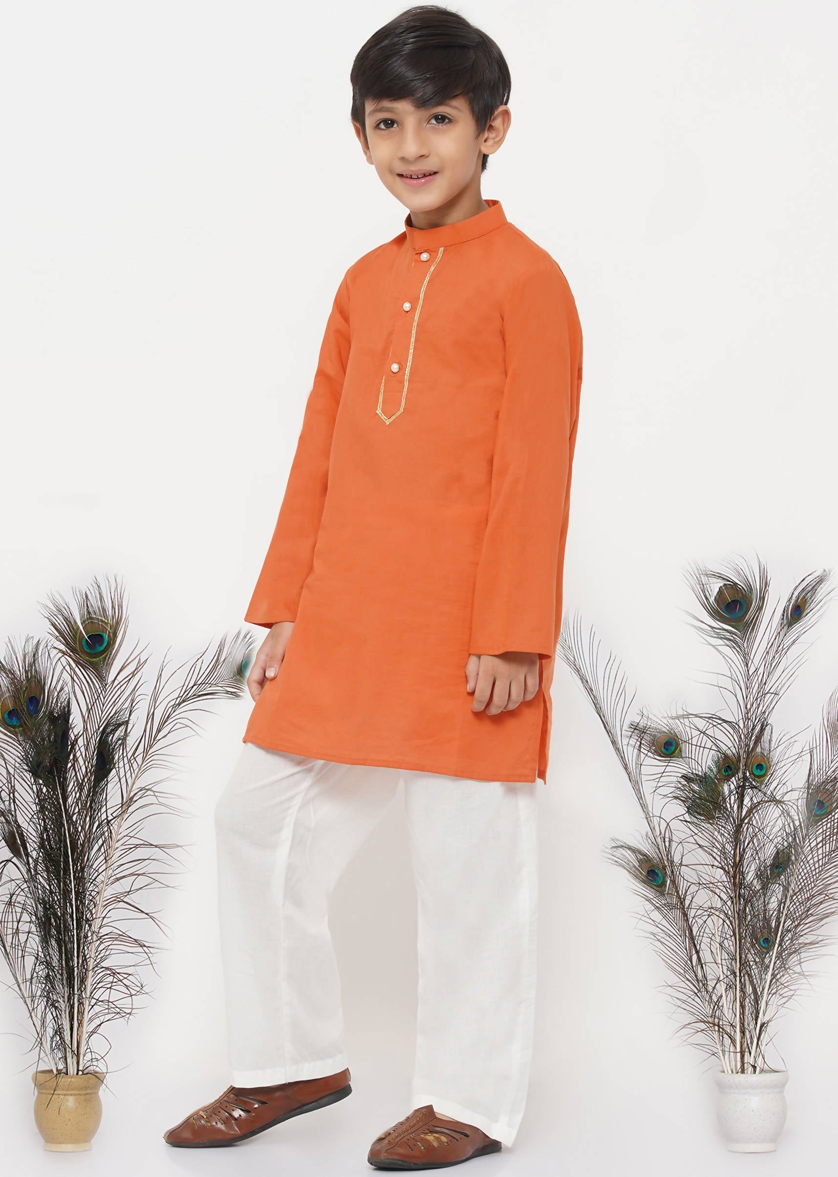 Little Bansi Boys Cotton Kesari Kurta with Pearl Buttons and Pyjama -Orange and Cream | Grocsy