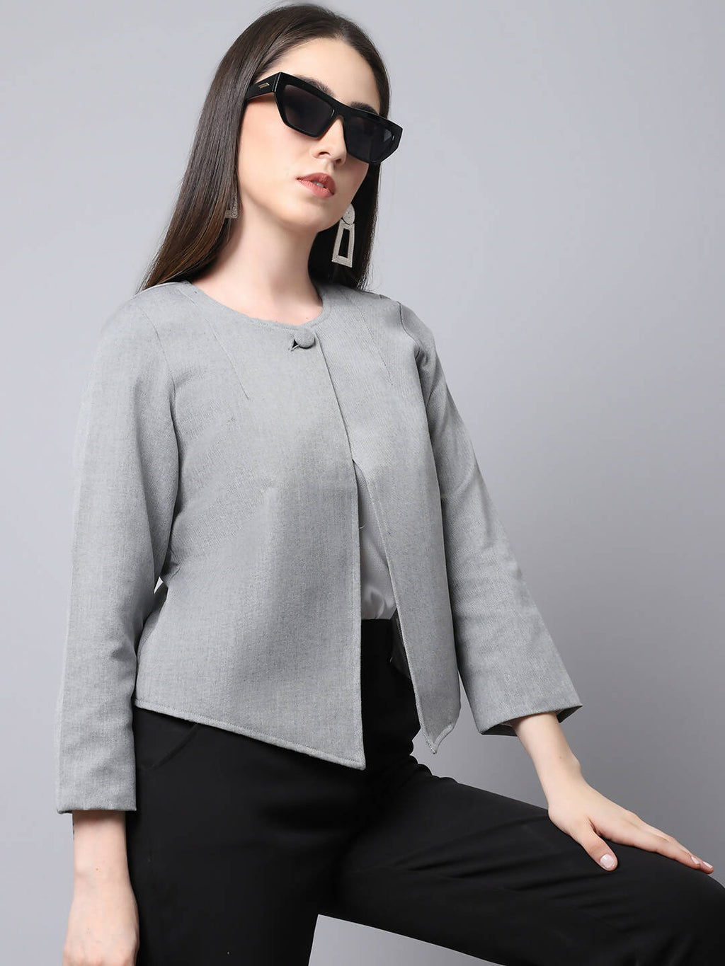 Even Apparels Grey Polywool Open Front Statement Women's Jacket | Grocsy