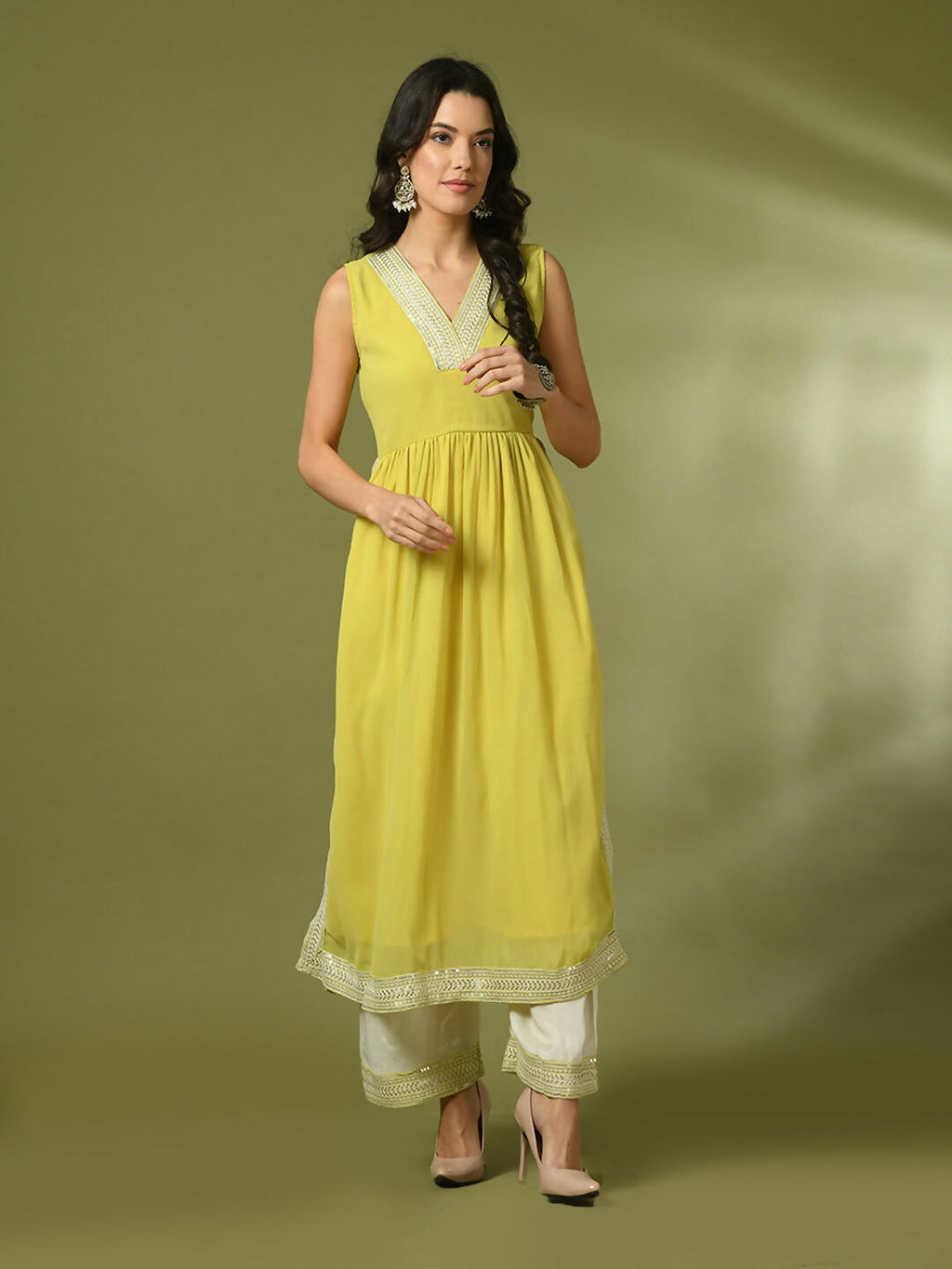 Myshka Women's Yellow Solid Georgette Anarkali Party Kurta Set | Grocsy