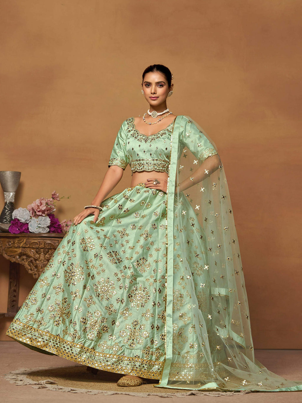 Pista Green Mulberry Silk Foil Paper Mirror Work Lehenga Choli - Jihu Culture | Grocsy