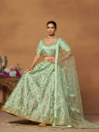 Pista Green Mulberry Silk Foil Paper Mirror Work Lehenga Choli - Jihu Culture | Grocsy