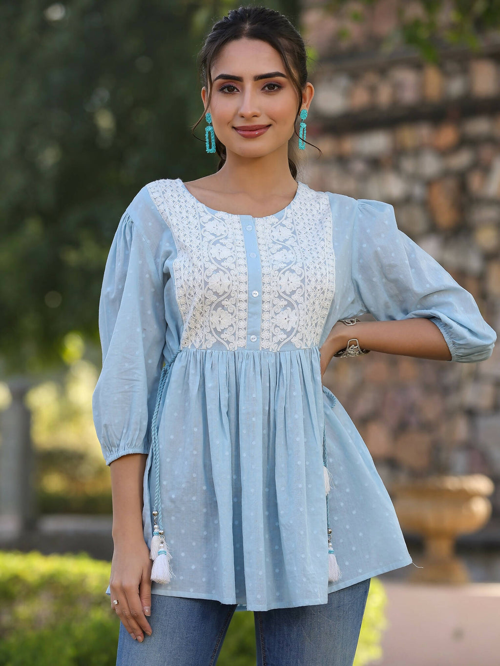 Juniper Women's Blue Cotton Dobby Solid With Embroidered Straight Tunic | Grocsy