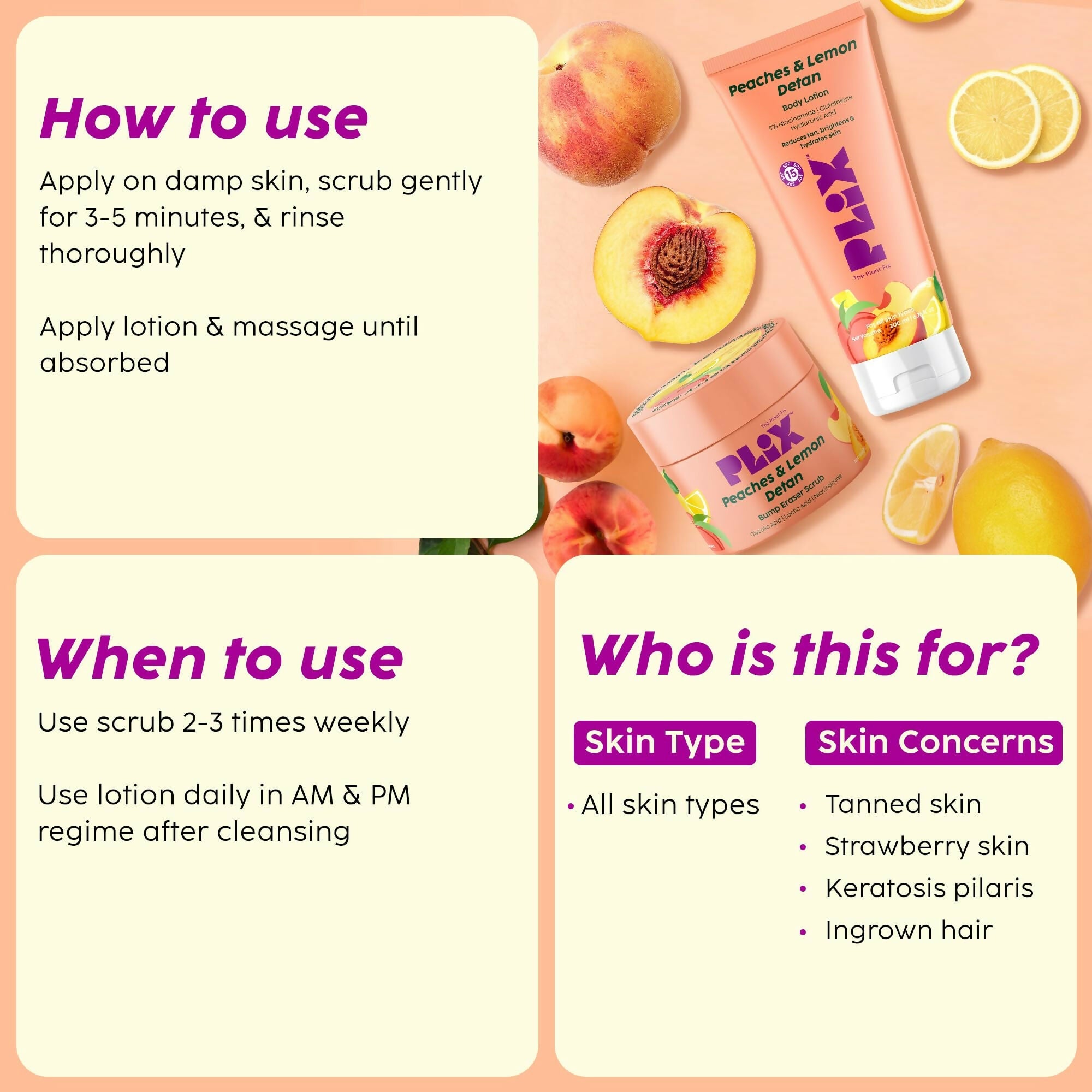 PLIX The Plant Fix Peaches & Lemon Detan Bump Eraser Scrub - Removes Tan & Restores Skin’s Moisture, Reduces Dark Spots | Grocsy