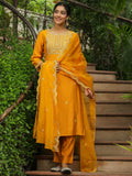 Janasya Mustard Silk Blend Embroidered Kurta,Bottom & Dupatta | Grocsy