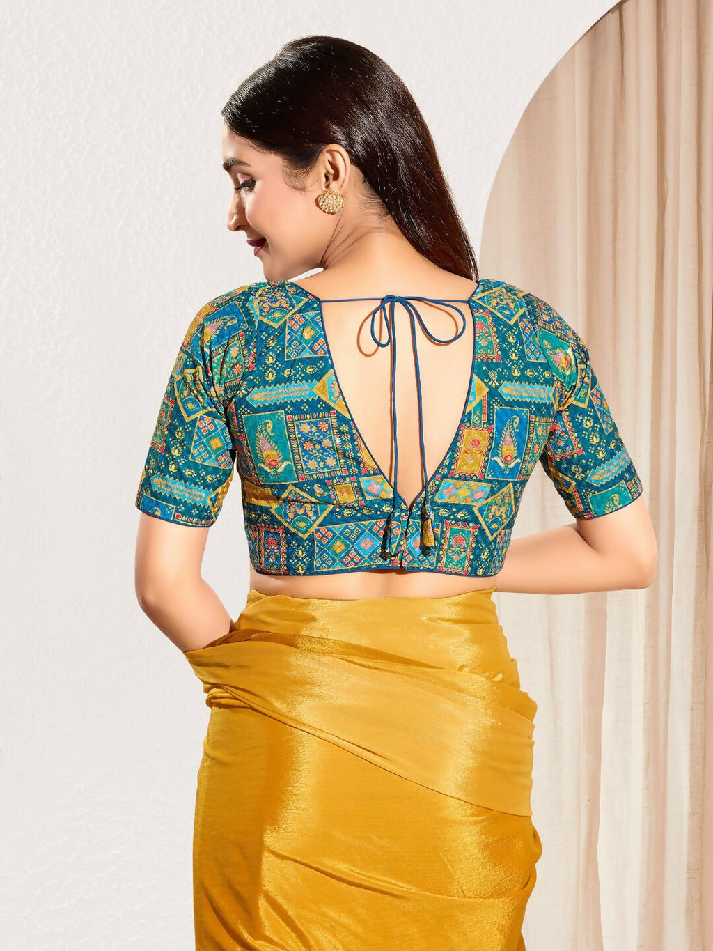 Joban Fashion Fire Blue Viscose Rayon Padded Blouse With V Neck Elbow Sleeves | Grocsy
