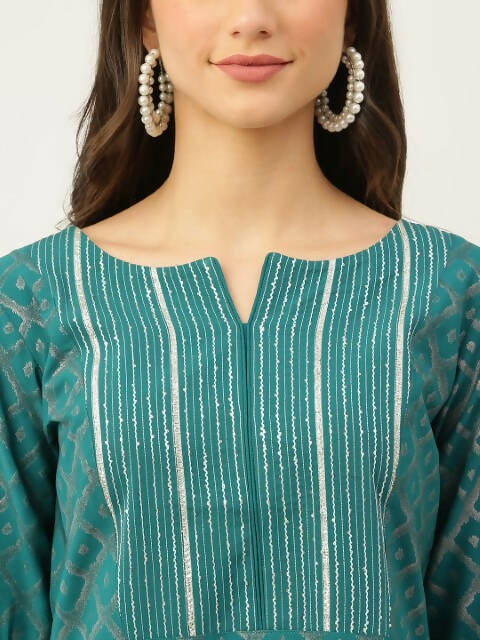 FIORRA Women's Teal Green Crepe Straight Kurta Skirt With Dupatta | Grocsy