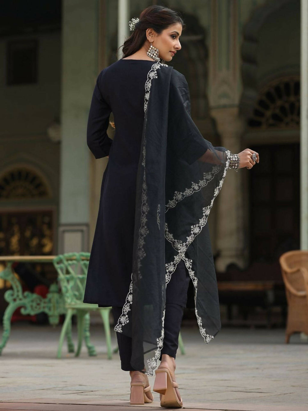 Juniper Women's Black Chinnon Solid Embroidered Kurta Set | Grocsy