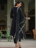 Juniper Women's Black Chinnon Solid Embroidered Kurta Set | Grocsy