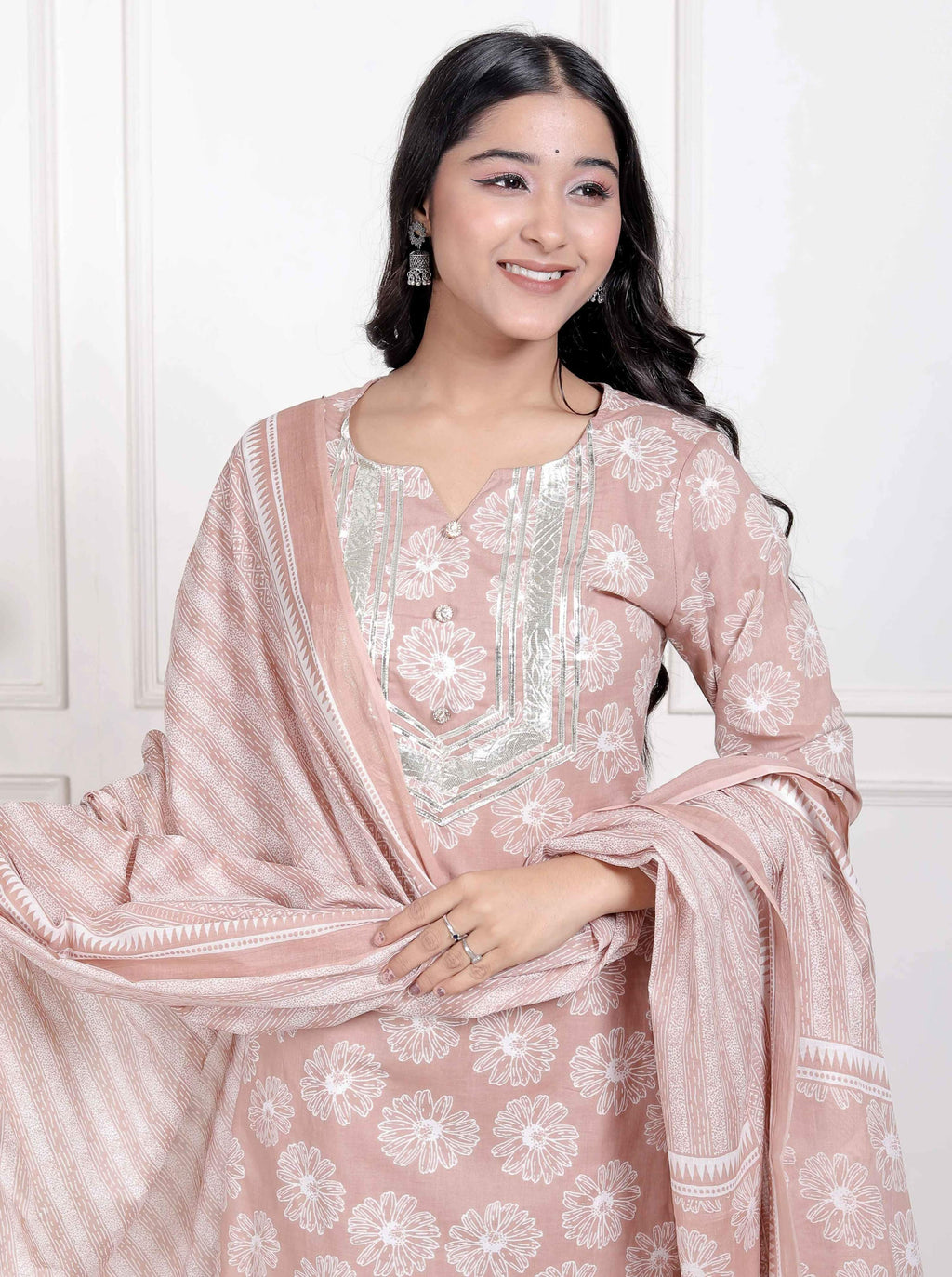 Miravan Women Brown Floral Printed Cotton Straight Ethnic Kurta with Palazzo and Dupatta | Grocsy