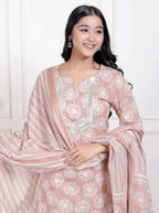 Miravan Women Brown Floral Printed Cotton Straight Ethnic Kurta with Palazzo and Dupatta | Grocsy