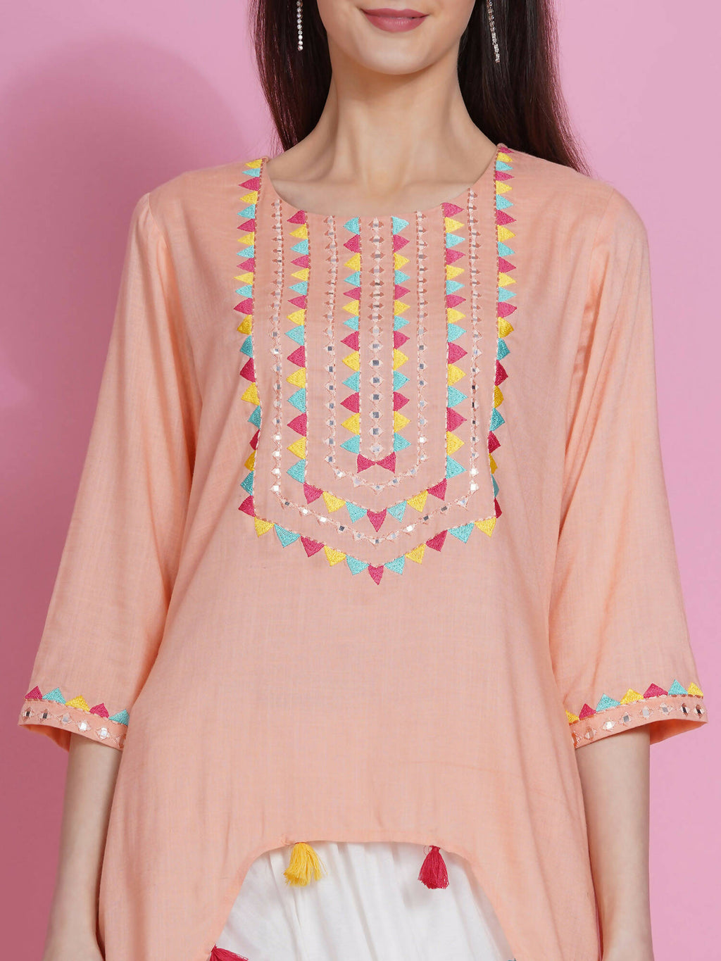 Women Republic Peach Rayon Embroidered Kurta With Mirror Work And Tulip Pants | Grocsy