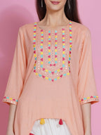 Women Republic Peach Rayon Embroidered Kurta With Mirror Work And Tulip Pants | Grocsy