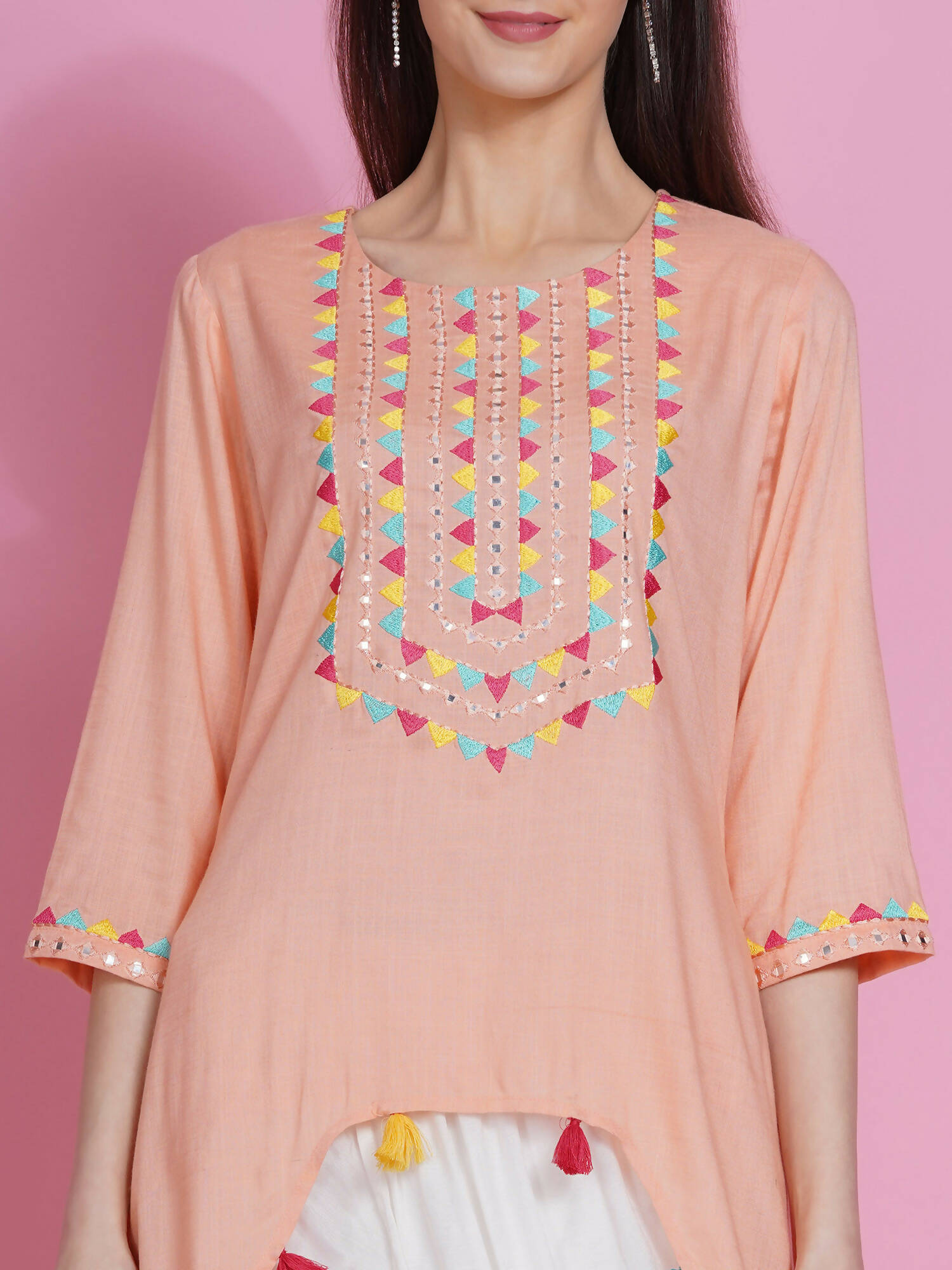 Women Republic Peach Rayon Embroidered Kurta With Mirror Work And Tulip Pants | Grocsy