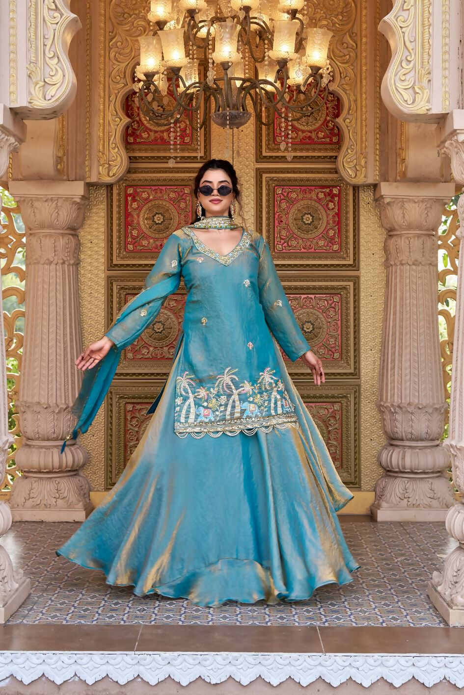 Teeya Creation Womens New Stylish Moti Beads With Cording Sequence Thread Embroidery Work Aqua-Blue Kurta Set | Grocsy