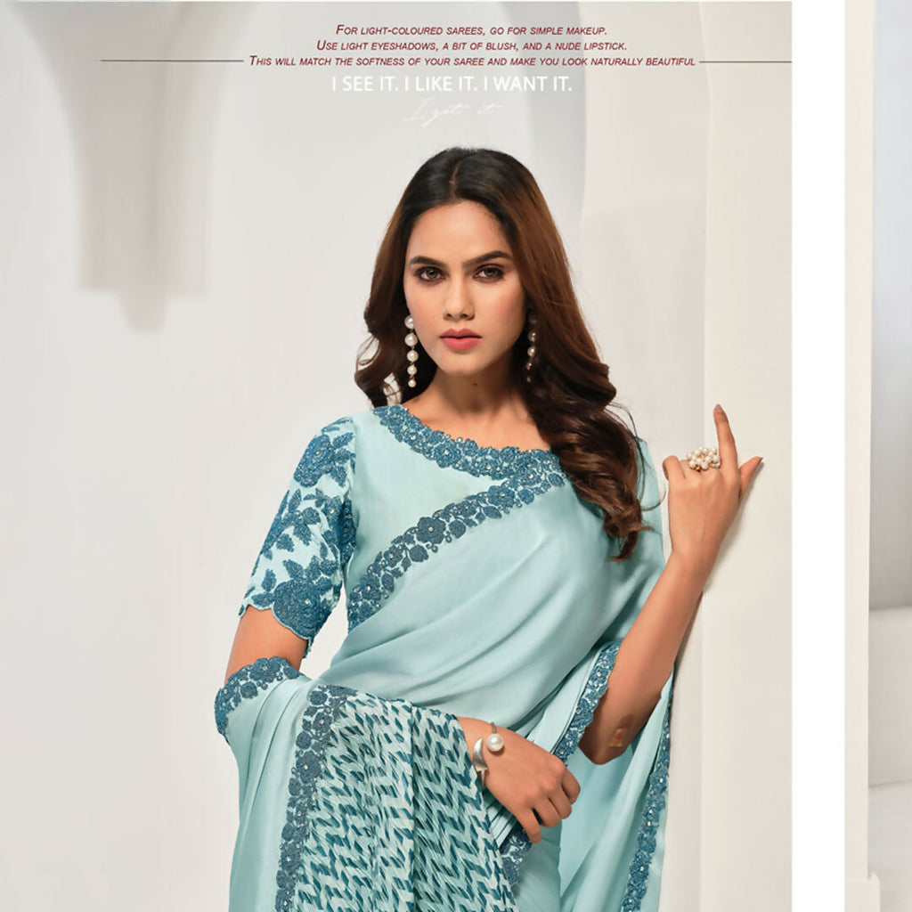 Light Blue Crepe Satin Silk Sequence Work Saree With Unstitched Blouse - Norita Saanjh | Grocsy