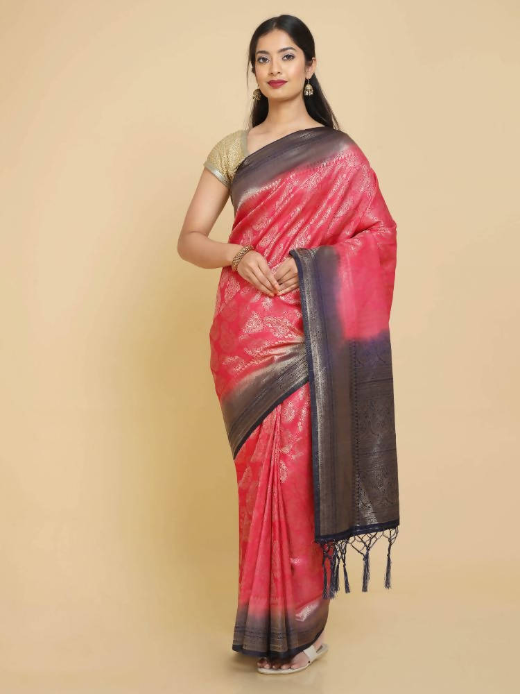 Kalamandir Ethnic Motifs Pink Silk Blend Saree | Grocsy