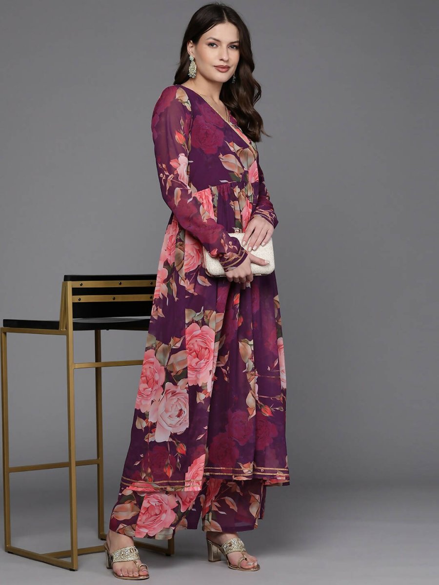 Ahalyaa Women Floral Printed Angrakha Kurta with Palazzos - Burgundy Color | Grocsy