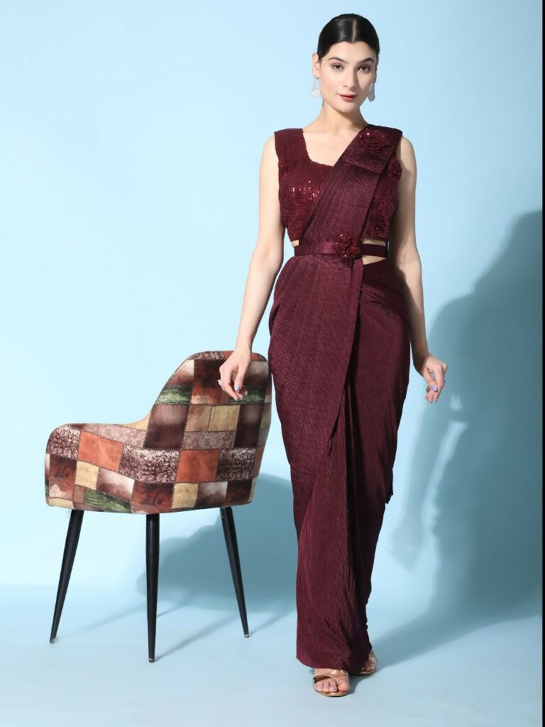 Maroon Imported Crush Lycra Texture Pattern Ready to Wear Saree with stitched Blouse - Nirvana | Grocsy