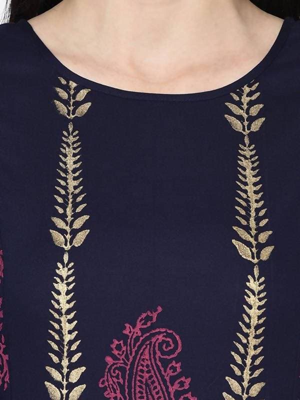 Aniyah Rayon Navy Blue Color Block Print A-line Flared Long Kurta With Two Front Slits (AN-215K) | Grocsy