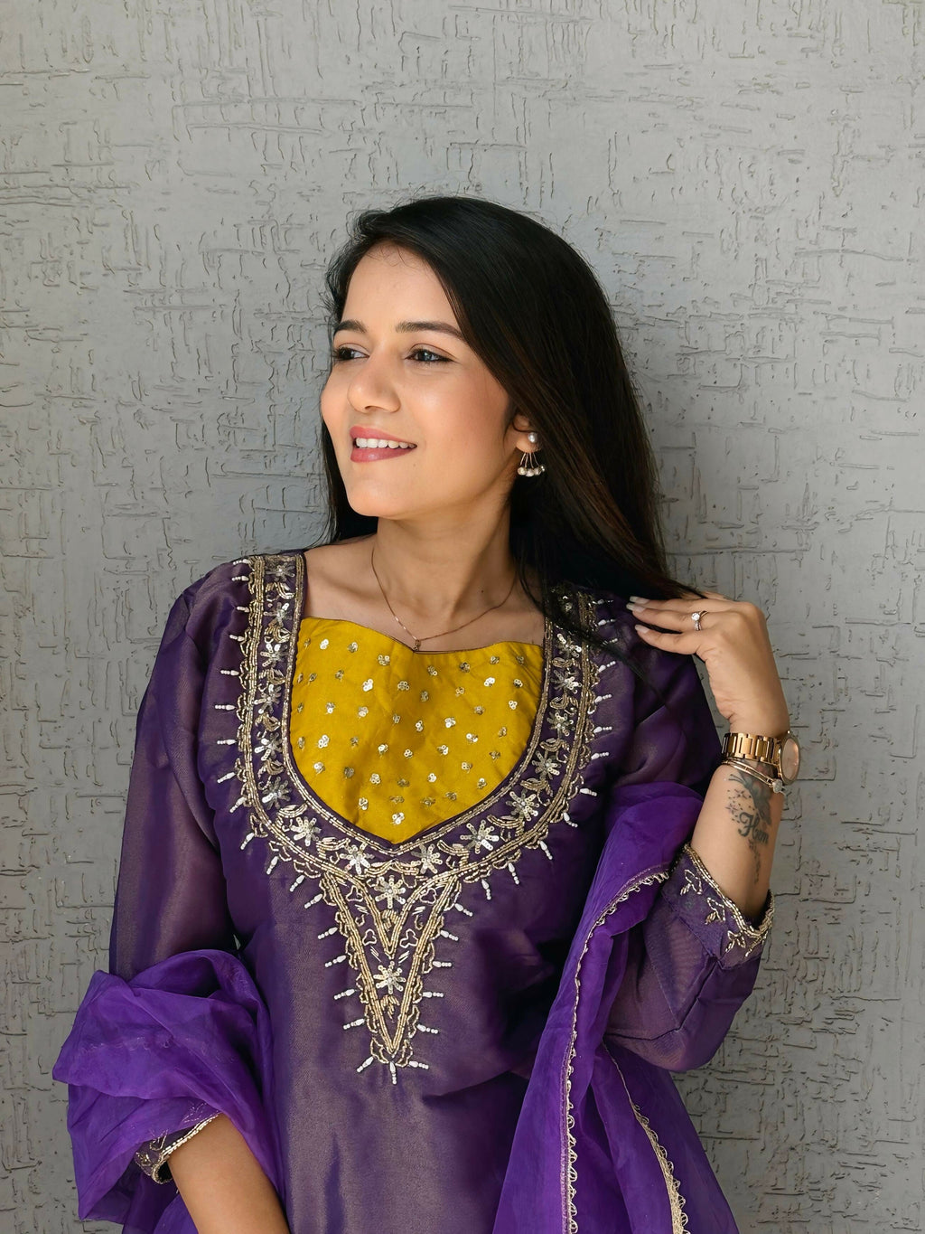 Anaita Purple Roman Shimmer Readymade Kurti Set with Handwork & Moti Work | Grocsy