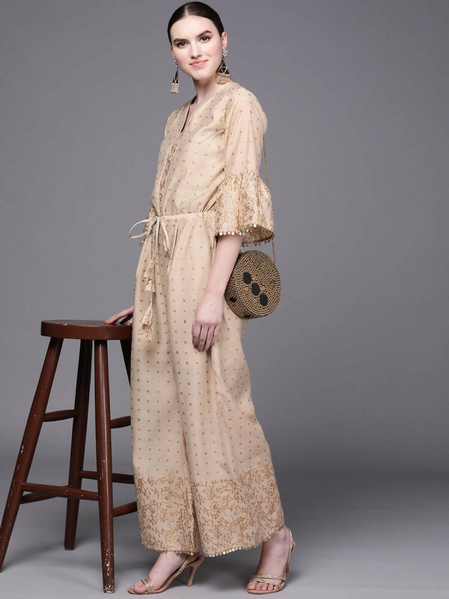 Ahalyaa Beige & Golden Printed Basic Jumpsuit | Grocsy