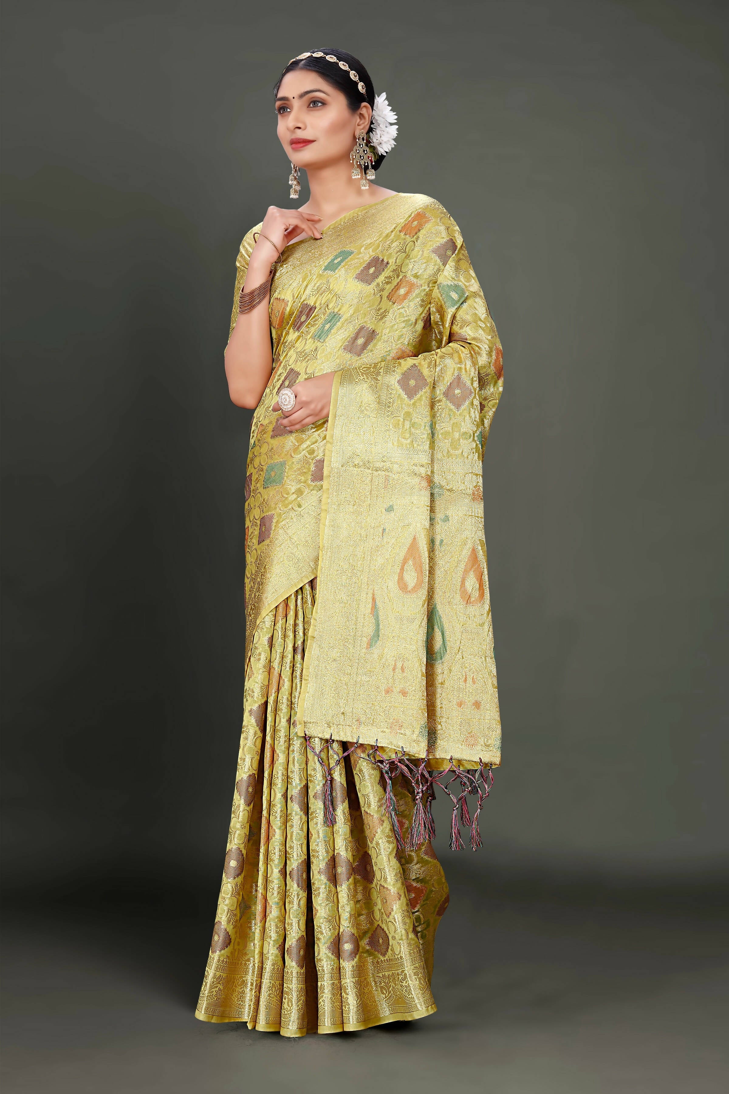 Olive Soft Organza Woven Design Saree With Unstitched Blouse Piece - Zaara | Grocsy