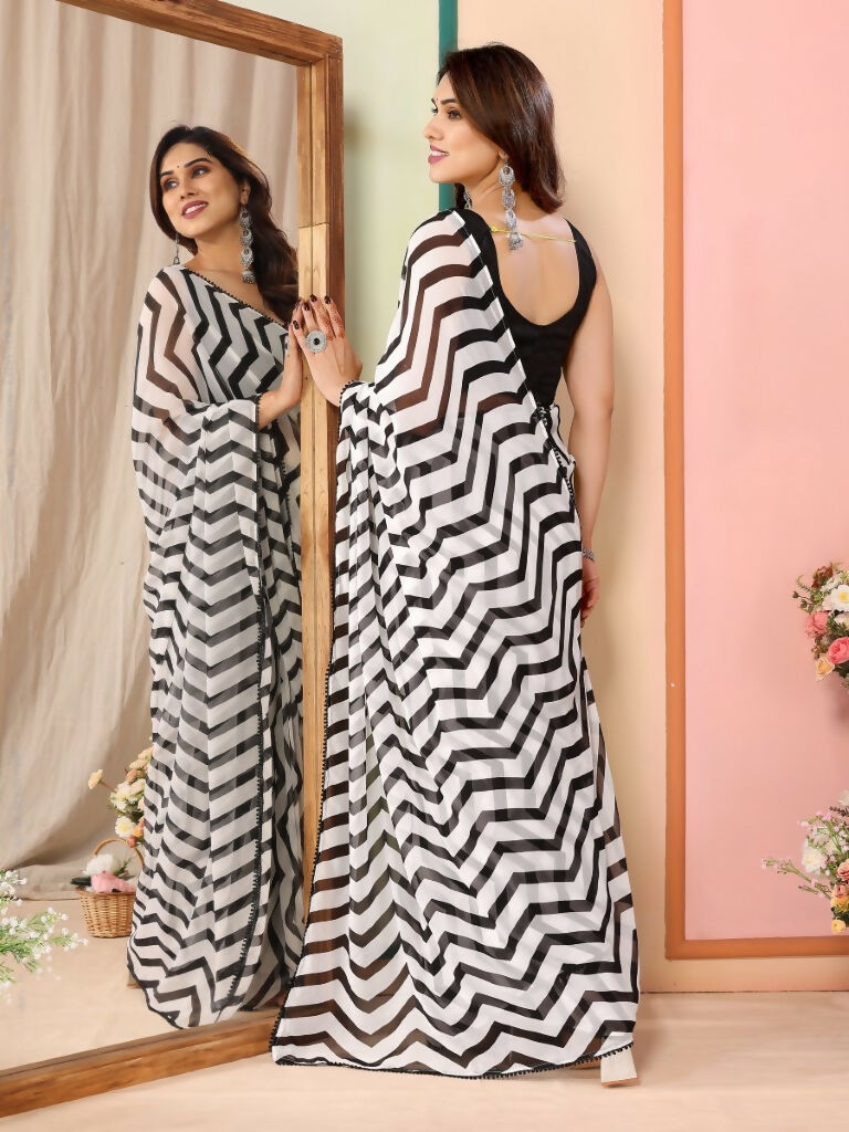 Partywear Designer Black & White Georgette Fancy Saree - Satrangi | Grocsy
