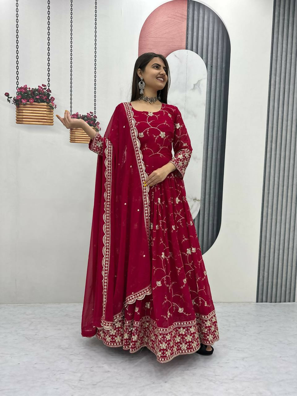 Teeya Creation Womens New Heavy Fox Georgette Fabric With Heavy Embroidery Work Red Kurta Set | Grocsy
