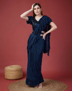 Blue Imported Crush Solid Ready to Wear Saree with stitched Blouse - Aayan | Grocsy