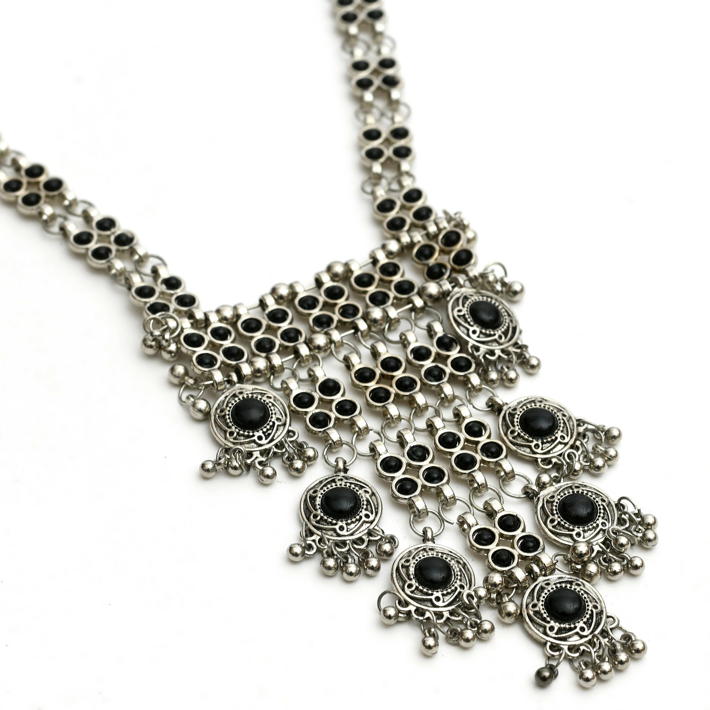 Mominos Fashion Johar Kamal Oxidised Silver-Plated Brass Finish Black Kundan Afghani Long Necklace For Women | Grocsy