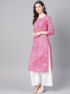 Yufta Women Pink & White Leheriya Print Straight Kurta | Grocsy