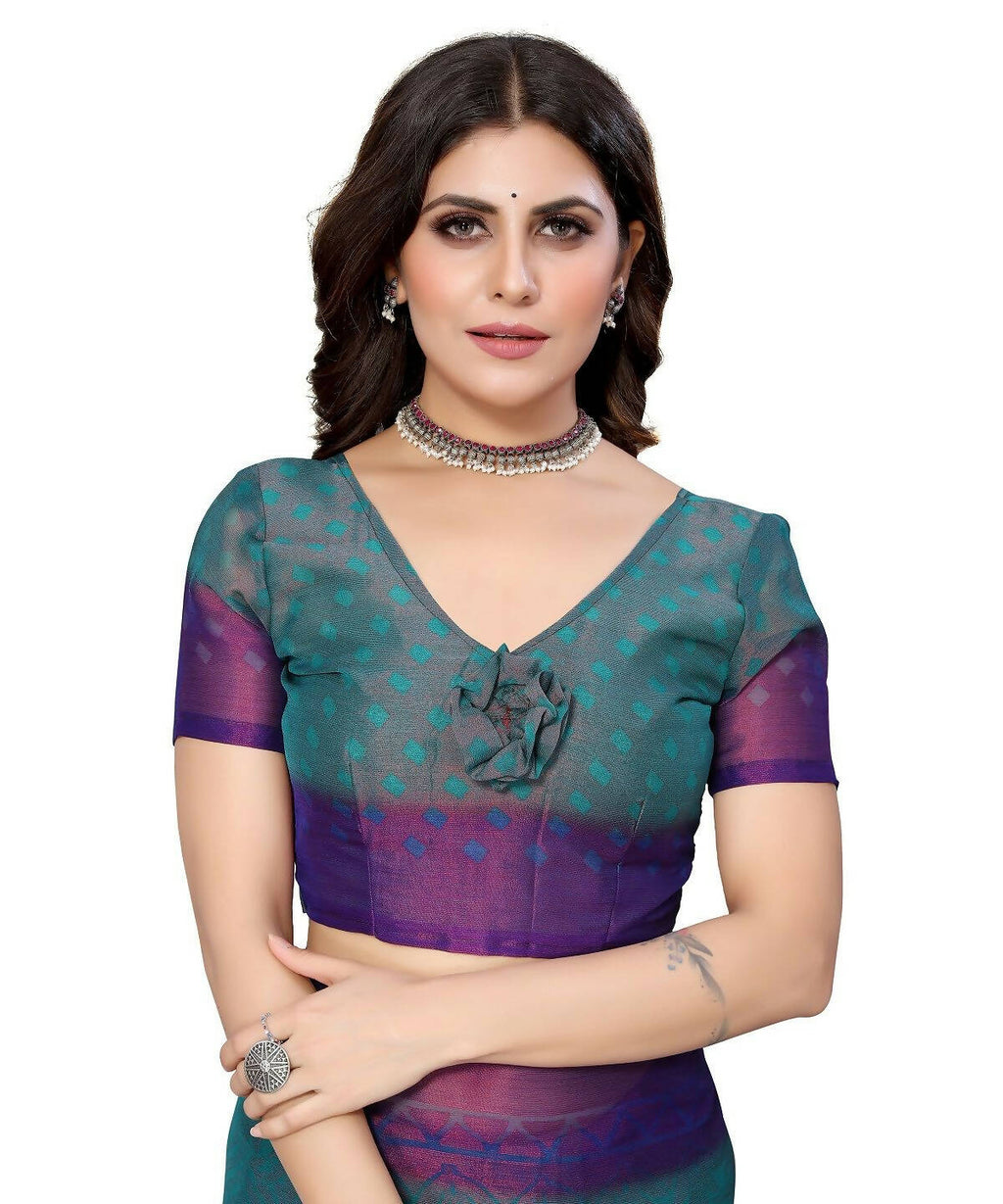 Vamika Rama Green Chiffon Brasso Bollywood Style Woven Saree (BAMBI RAMA) | Grocsy