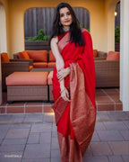 DEIANA'S Beautiful Designer Golden zari Soft Lichi Silk Saree - Red | Grocsy