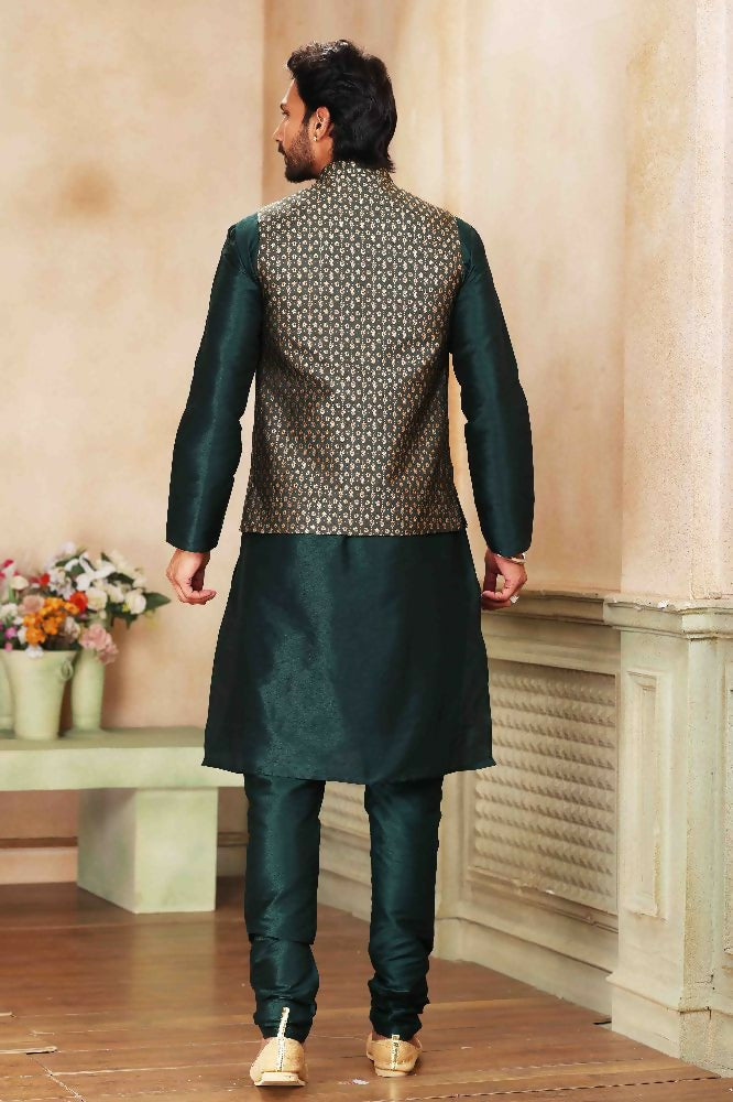 Raivat Ethnic Jacquard Banarasi Silk Woven Work 3 Pics Jacket Set In Green Colour | Grocsy