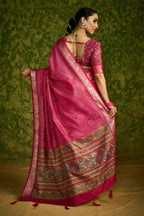 Joban Fashion Pink Velvet Tussar Silk with Foil Print Saree | Grocsy