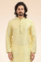 Raivat Ethnic Jacquard Banarasi Silk Pintux Work Kurta Pajama In Lemon Colour | Grocsy