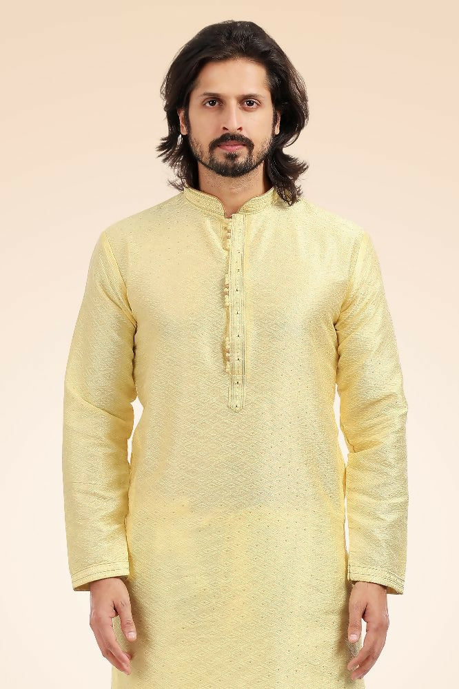 Raivat Ethnic Jacquard Banarasi Silk Pintux Work Kurta Pajama In Lemon Colour | Grocsy