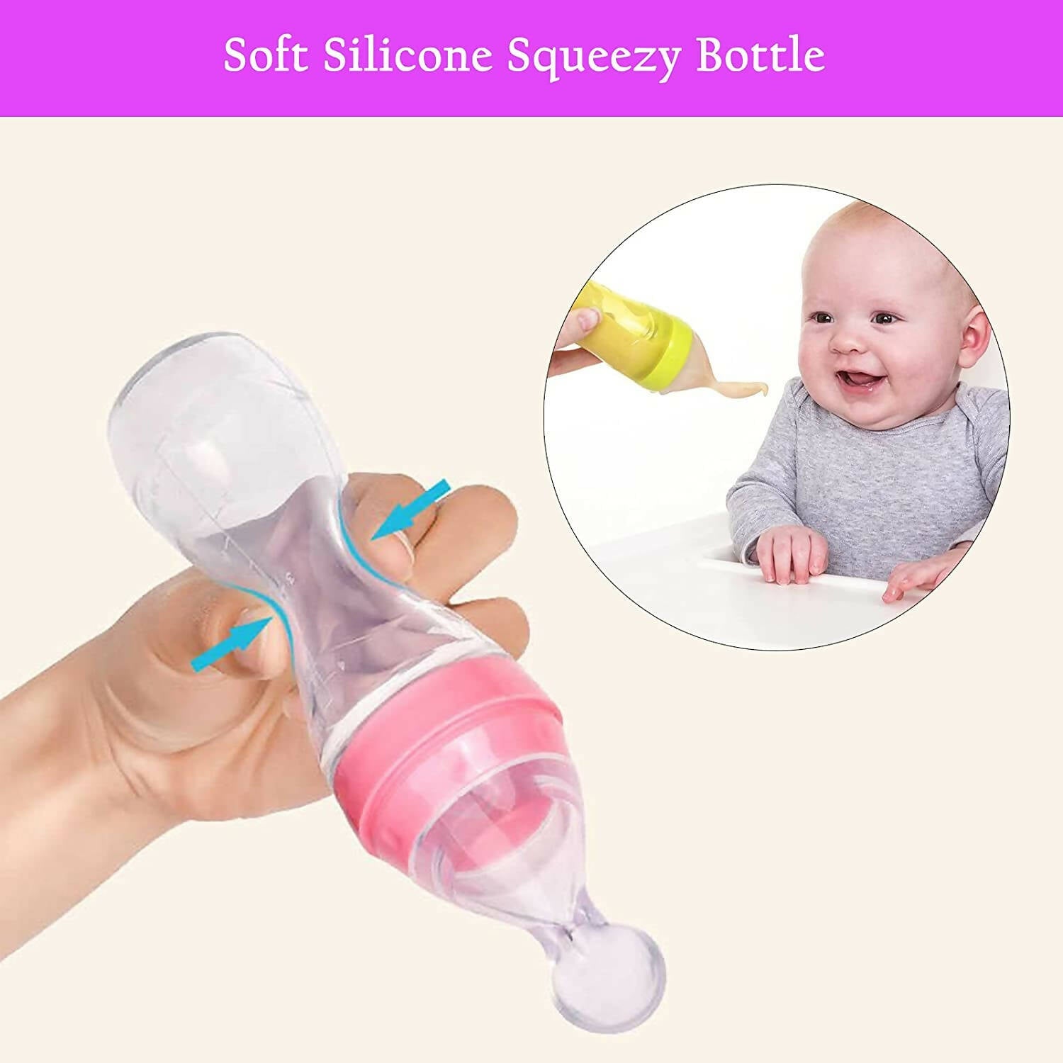 Safe-O-Kid Easy Squeezy Silicone Food Feeder Spoon (Soft Tip) Bottle- Pink- 90mL | Grocsy