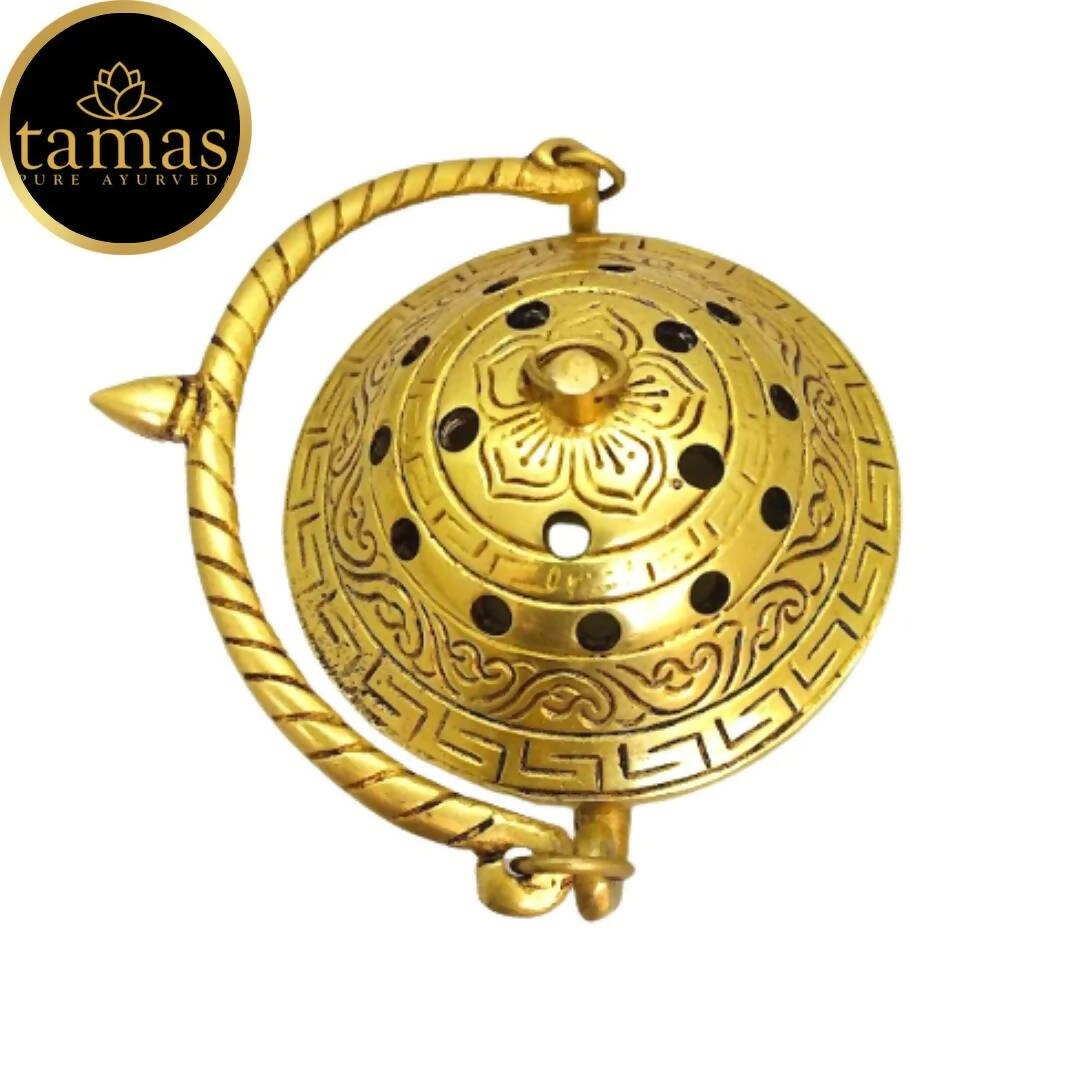 Tamas Brass Small Dhoop Burner with Handle and Lid (Golden) | Grocsy