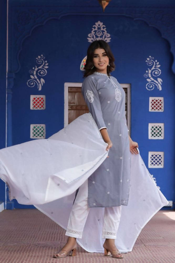 Yufta Kurta Women Grey & White Embroidered Kurta with Palazzo & Dupatta | Grocsy