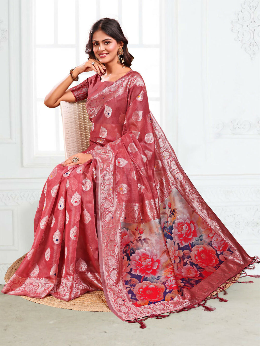 Shree Shyam Fashion Linen Cotton Rust Saree | Grocsy
