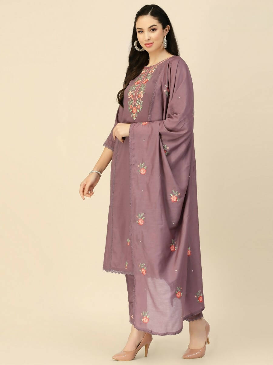 Purple Embroidered Chinon Straight Kurta With Trouser & Dupatta - Salimar | Grocsy