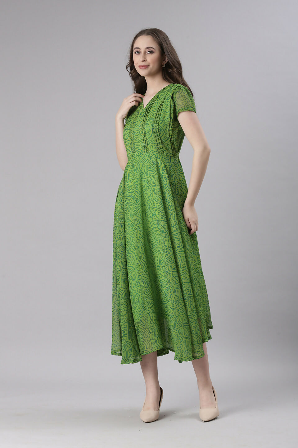 Souchii Green Printed Midi Dress – Flowy Fit & Flare | Grocsy
