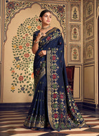 Monjolika Fashion Navy Blue Silk Blend Banarasi Zari Work Classic Saree | Grocsy