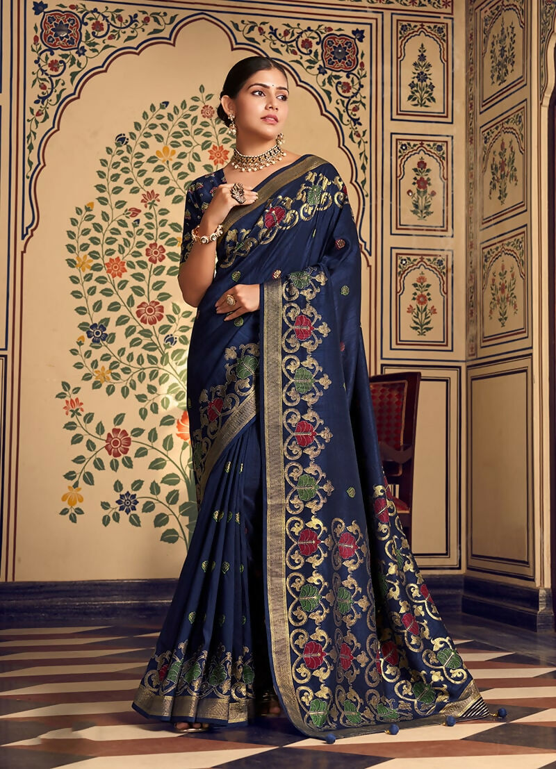 Monjolika Fashion Navy Blue Silk Blend Banarasi Zari Work Classic Saree | Grocsy