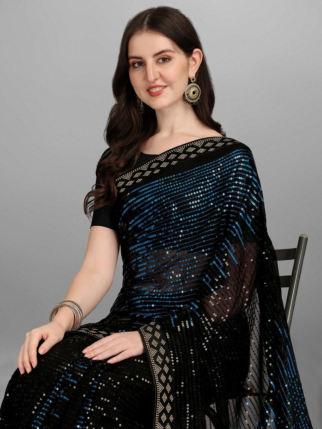 Vegaa Fashion Black Georgette Embroidered Party Wear Saree | Grocsy
